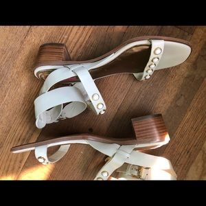 Isaac Mizrahi Beaded leather stacked heel sandal